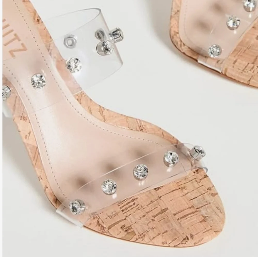 Schutz Ariella Cork Vinyl Stiletto Heel Sandals 6 - Picture 2 of 9